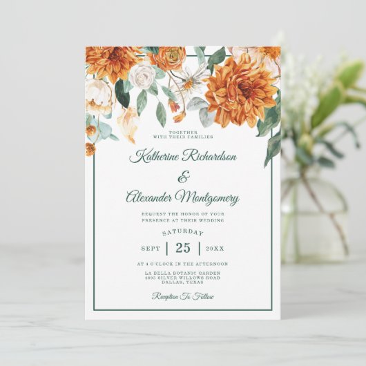 Invitation Rustique Floral Burnt Orange Élégant Mariage de au (Debout devant)