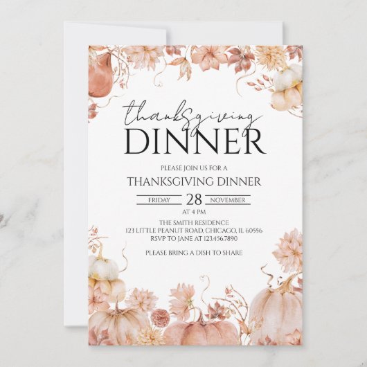 Invitation Rustique Floral Citrouille Thanksgiving Dîner (Devant)
