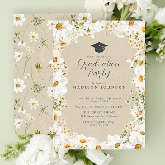 Invitation Rustique Floral Daisy Aquarelle Partie de Graduati
