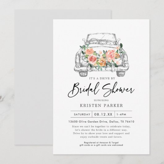 Invitation Rustique Floral Drive By Bridal Shower (Devant / Derrière)