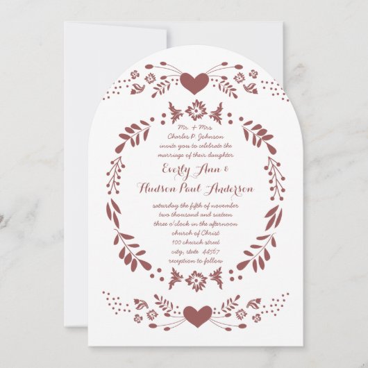 Invitation Rustique Floral Garland Folk Art Marsala Mariage (Devant)