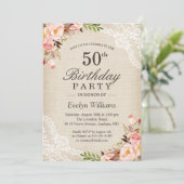 Invitation Rustique Floral Ivory Burlap Dentelle fête d'anniv (Debout devant)