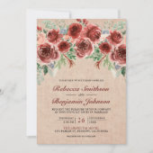 Invitation Rustique Floral Marsala Toile Burlap Code QR Photo (Devant)