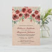 Invitation Rustique Floral Marsala Toile Burlap Code QR Photo (Debout devant)