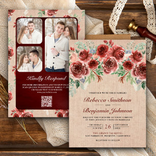 Invitation Rustique Floral Marsala Toile Burlap Code QR Photo