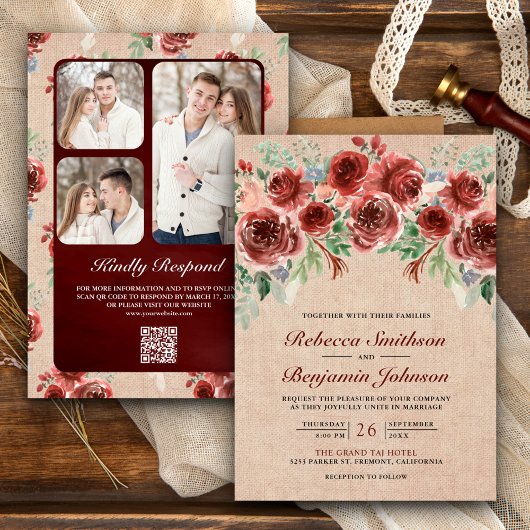 Invitation Rustique Floral Marsala Toile Burlap Code QR Photo