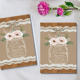 Invitation Rustique Floral Mason Jar Lace & Twine Baby shower