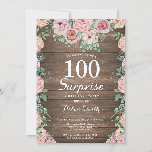 Invitation Rustique Floral Peonies rose Surprise 100e anniver (Devant)