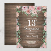 Invitation Rustique Floral Peonies rose Surprise 13e annivers (Devant / Derrière)
