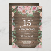 Invitation Rustique Floral Peonies rose Surprise 15e annivers (Devant / Derrière)