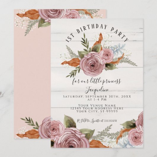 Invitation Rustique Floral Peony Dusty Rose 1er Anniversaire (Devant / Derrière)