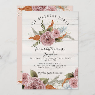 Invitation Rustique Floral Peony Dusty rose 1er premier anniv