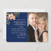 Invitation Rustique Floral Pink Navy bleu photo Mariage (Devant)