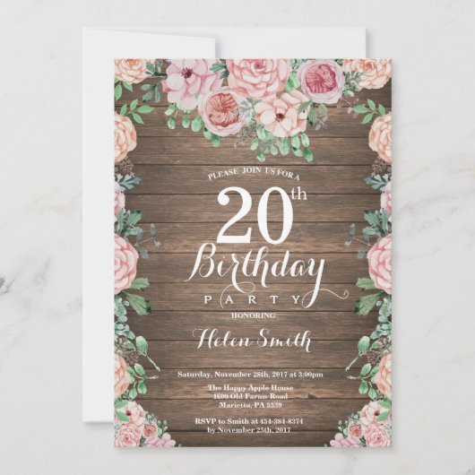 Invitation Rustique Floral Pink Peonies 20e anniversaire (Devant)