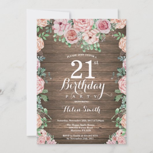 Invitation Rustique Floral Pink Peonies 21e anniversaire (Devant)