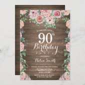 Invitation Rustique Floral Pink Peonies 90e anniversaire (Devant / Derrière)