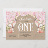 Invitation Rustique, Floral rose, Bois, Fille 1er anniversair (Devant)