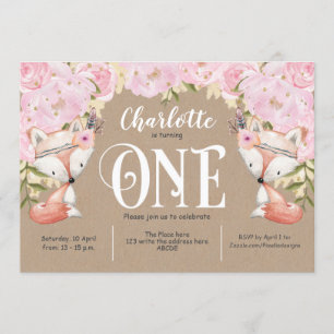 Invitation Rustique, Floral rose, Bois, Fille 1er anniversair