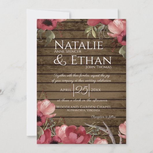 Invitation Rustique Floral Rose Mariage de grange en bois (Devant)