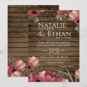 Invitation Rustique Floral Rose Mariage de grange en bois (Devant / Derrière)