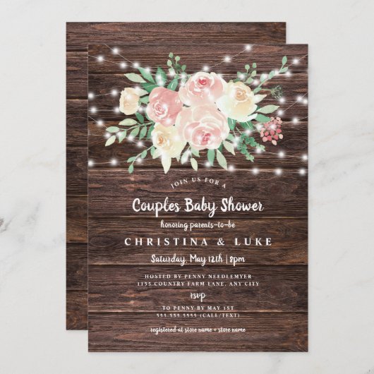 Invitation Rustique Floral String Lumières fille baby shower (Devant / Derrière)