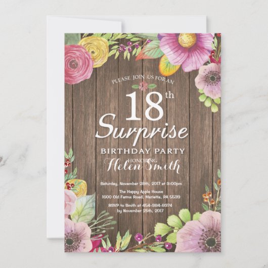 Invitation Rustique Floral Surprise 18e anniversaire Invitati (Devant)