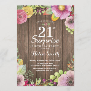 Invitation Rustique Floral Surprise 21ème anniversaire Invita