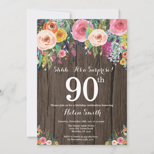 Invitation Rustique Floral Surprise 90e anniversaire Invitati (Devant)