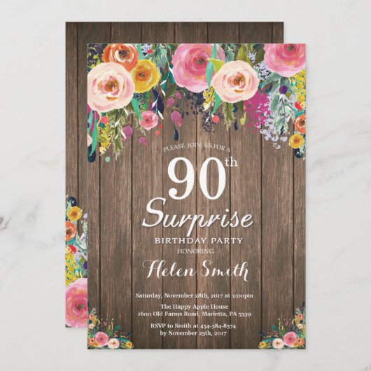 Invitation Rustique Floral Surprise 90e anniversaire Invitati (Devant / Derrière)