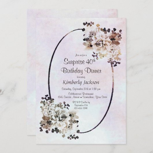 Invitation Rustique Floral Surprise Dîner d'anniversaire 40e (Devant / Derrière)