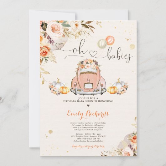 Invitation Rustique Floral Twin Citrouille Drive Par Baby sho (Devant)