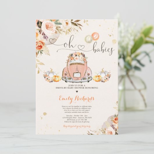 Invitation Rustique Floral Twin Citrouille Drive Par Baby sho (Debout devant)