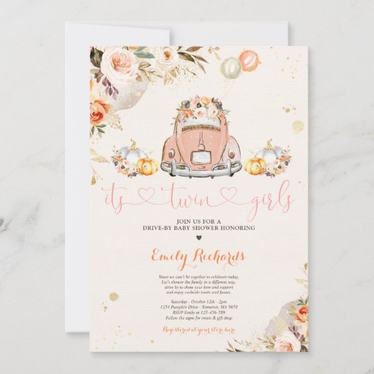 Invitation Rustique Floral Twin Citrouille Drive Par Baby sho (Devant)