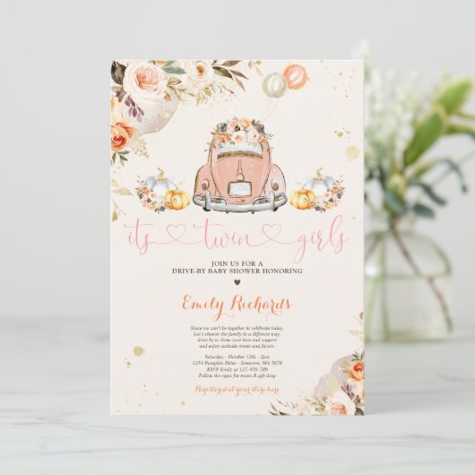 Invitation Rustique Floral Twin Citrouille Drive Par Baby sho (Debout devant)