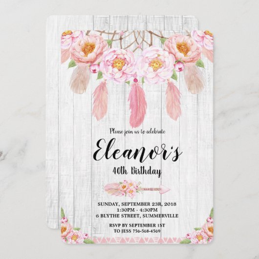 Invitation rustique florale d'anniversaire de Boho (Devant / Derrière)