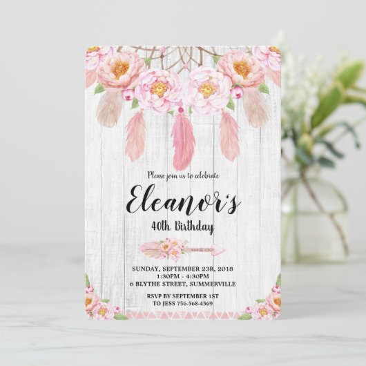 Invitation rustique florale d'anniversaire de Boho (Debout devant)