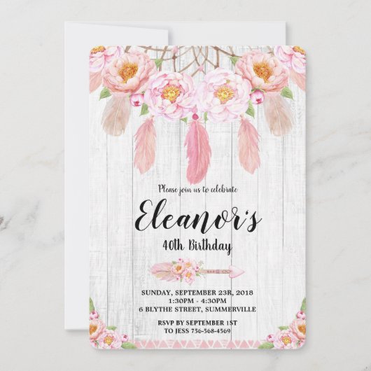 Invitation rustique florale d'anniversaire de Boho (Devant)