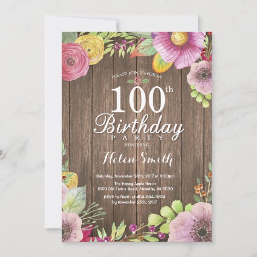 Invitation rustique florale pour les 100 ans des f (Devant)
