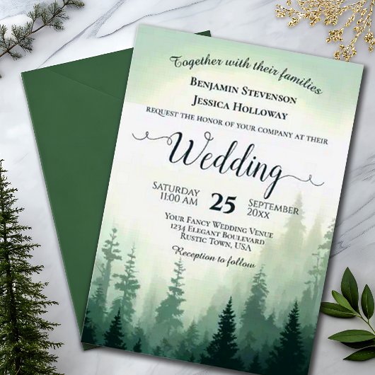 Invitation Rustique Foggy Woodland Adventure Pines Mariage