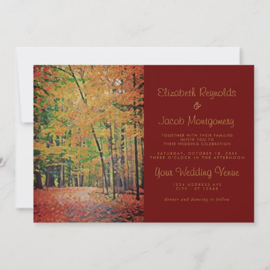 Invitation Rustique Forêt d'automne Bourgogne & Mariage d'or (Devant)