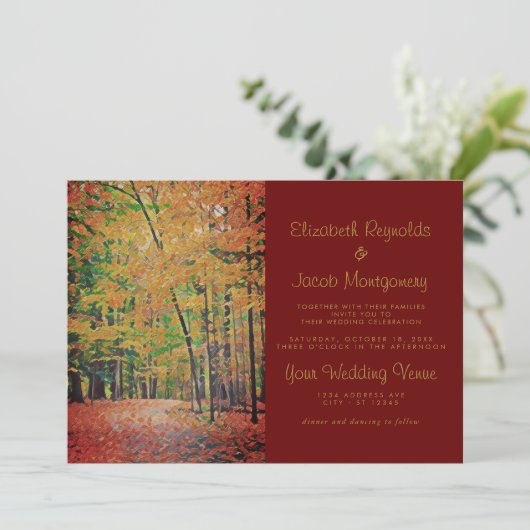 Invitation Rustique Forêt d'automne Bourgogne & Mariage d'or (Debout devant)