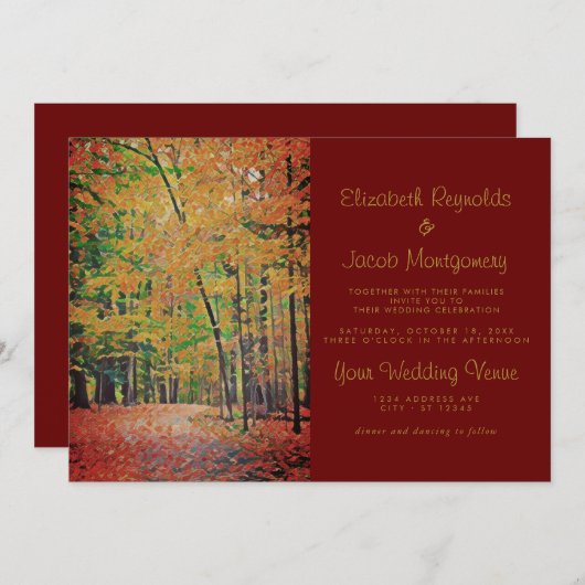 Invitation Rustique Forêt d'automne Bourgogne & Mariage d'or (Devant / Derrière)
