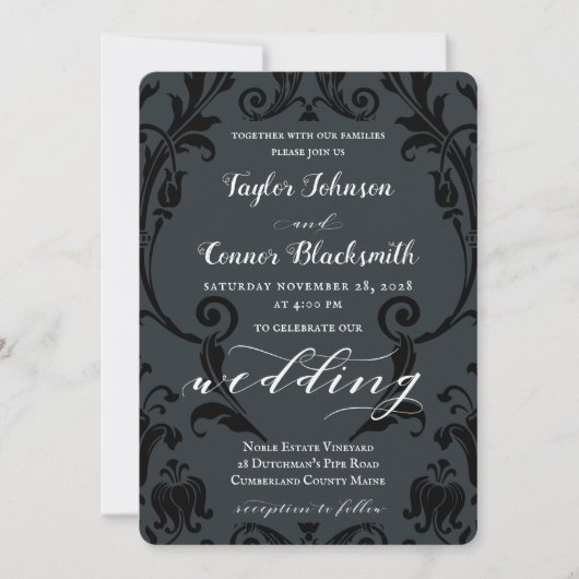 Invitation Rustique forgeron calligraphie noir Mariage damass (Devant)