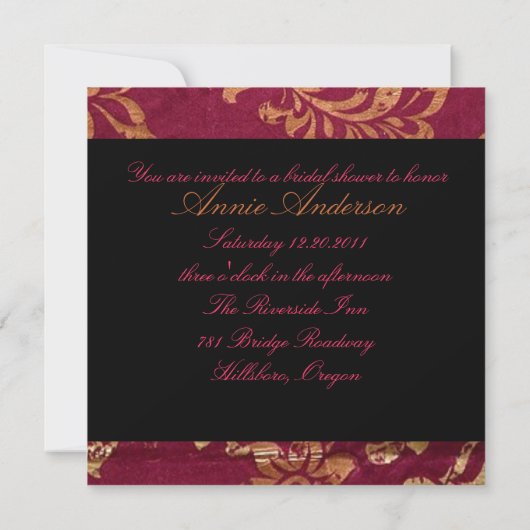 Invitation rustique fuchsia or mariage damassé (Dos)