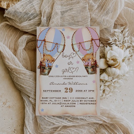 Invitation Rustique Garçon ou fille rose bleu ours sexe révél