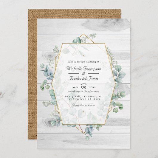 Invitation Rustique géométrique Eucalyptus QR Code Jardin Mar (Devant / Derrière)