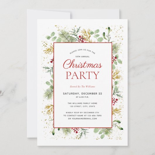 Invitation Rustique Gold Winter Greenery Fête de Vacances (Devant)