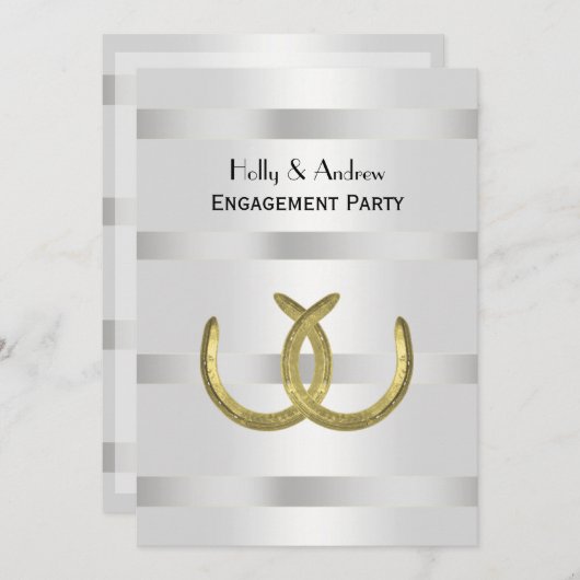 Invitation Rustique Golden Horseshoe Silver Wht V Fiançailles (Devant / Derrière)