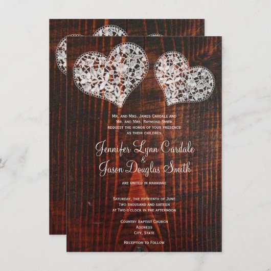 Invitation Rustique Grange Bois Dentelle Coeurs Mariage Invit (Devant / Derrière)