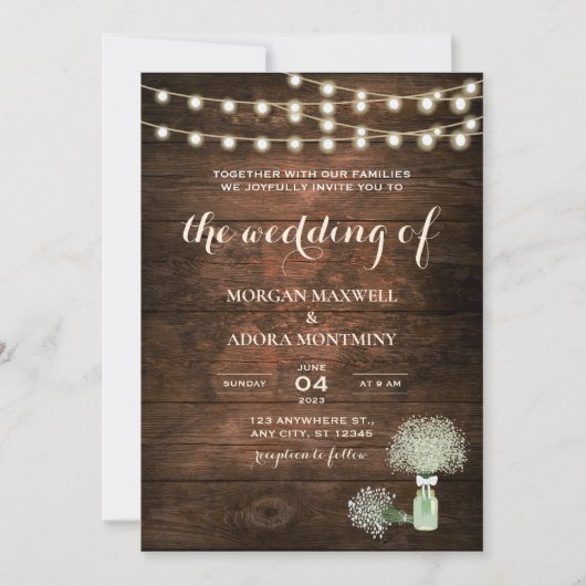 Invitation Rustique Grange bois Mason Jar String Mariage (Devant)